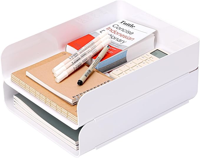 Desk Letter Tray Set of 2, Office Organization and Storage, PET Stackable Document Organizer for Notes, Pens, File Paper, White