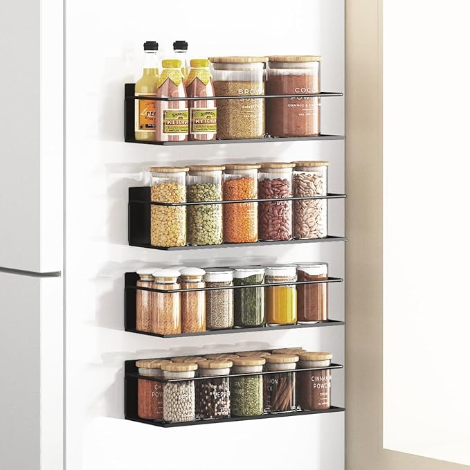 Roysili Magnetic Spice Rack For Refrigerator Magnetic Fridge Shelf For Kitchen Spice Organizer Magnetic Shelf For Fridge Space Saving Black 4 Pack