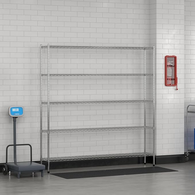 Commercial NSF Listed Chrome Stationary Wire Shelving Kit 12" x 72" x 74", with 5 Shelves Perfect for Warehouse, Walk-in Refrigerator, Freezer, Grocery Store, Restaurant, Dishroom