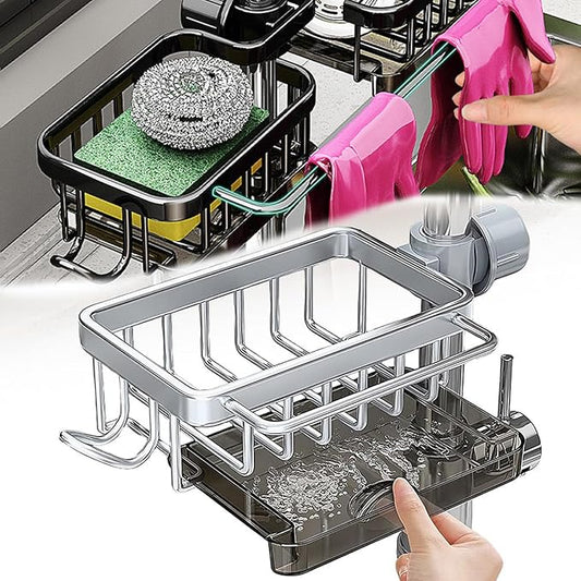 DURAUSE Kitchen Sink Faucet Organizer Multifunction Sponge Holder Organizer Sink Drain Holder Over Faucet Kitchen Sink Caddy with Hook Adjustable for 0.7-1.1inch Round Water Pipe (Silver, S)