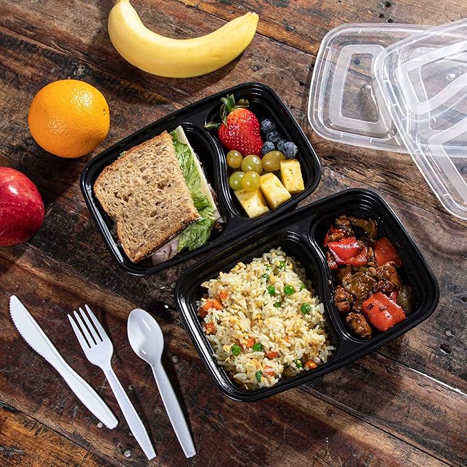 SafeWare Meal Prep Container Reusable 2 Compartment With Lids 28oz (25 Sets)- Food Prep Containers, Food Storage Bento Box | Stackable | Microwave | Dishwasher | Freezer Safe.