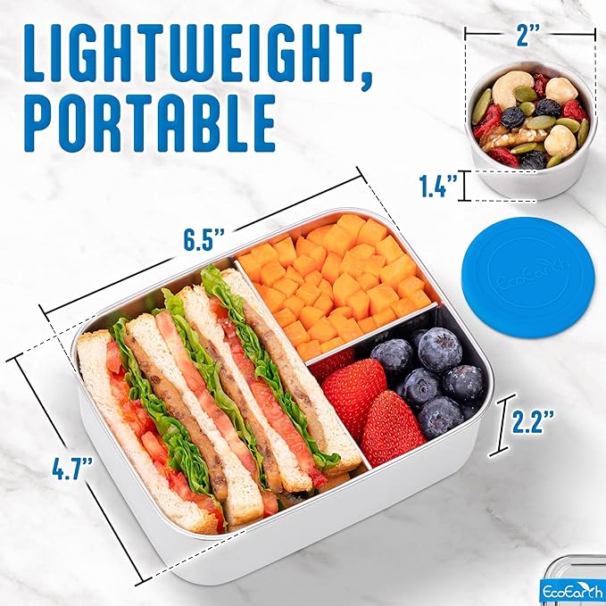 EcoEarth Stainless Steel Bento Box - 27 oz - Leakproof Metal Lunch Boxes for Adults with 3 Compartments - Small Tin Food Containers with Condiment Cups - Snack Box for Work - Blue