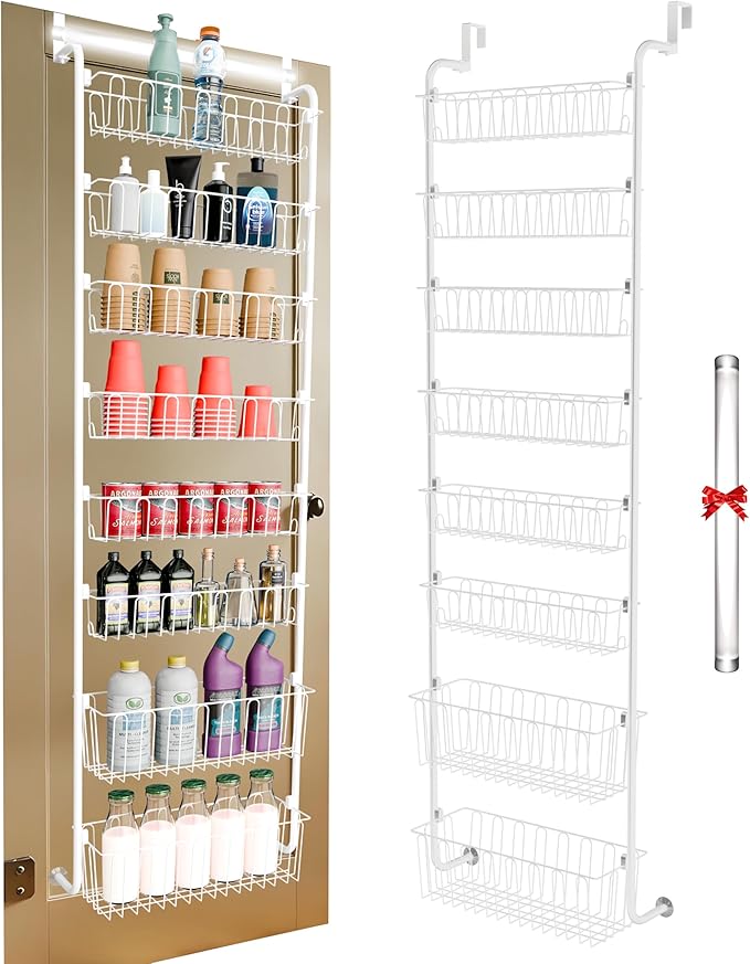 Over Door Organizer Storage - 8 Tier White Metal Over The Door Pantry Organizer Heavy Duty Hanging Storage Rack, Behind Cabinet Shelves for Home, Kitchen, Bathroom, Closet, Pantry