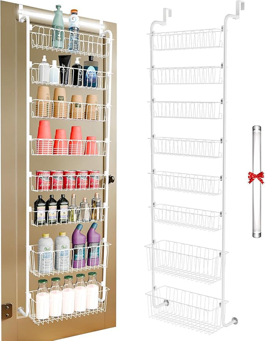 Over Door Organizer Storage - 8 Tier White Metal Over The Door Pantry Organizer Heavy Duty Hanging Storage Rack, Behind Cabinet Shelves for Home, Kitchen, Bathroom, Closet, Pantry