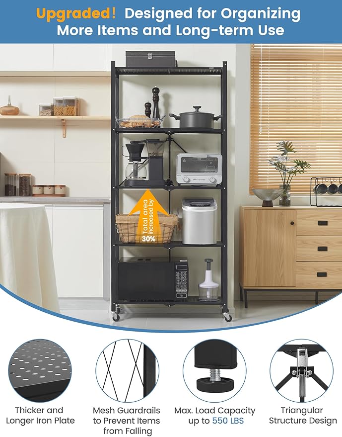ALANNG 70.7" H Metal Storage Shelves, 5 Tier Folding Shelf on Wheels, Heavy Duty, No Assembly, Rolling, Collapsible Rack Unit for Kitchen, Basement, Pantry (Black,1 Pack)