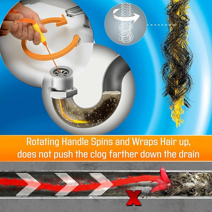 FlexiSnake Drain Weasel Sink Snake Hair Clog Remover Tool, Pipe, Bathroom, Bathtub Cleaner, 18-inch, Made in the USA, 5 Wands and Removable Handle