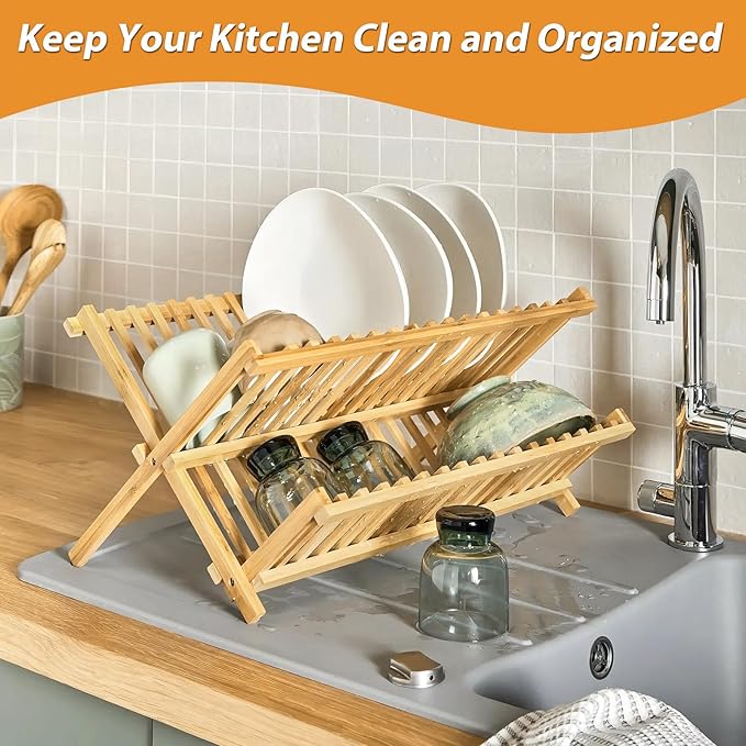 Bamboo Dish Drying Rack, Collapsible 2-Tier Dish Drainer Kitchen Plate Rack for Kitchen Countertop Foldable