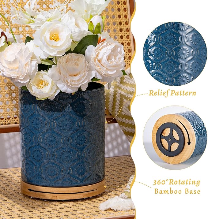 TEATALK Utensil Holder Set of 2, 7.7"+5.7" Ceramic Kitchen Utensil Holder for Countertop, Farmhouse Vintage Utensil Crock, 360° Rotating Large Utensil Organizer, Dark Blue