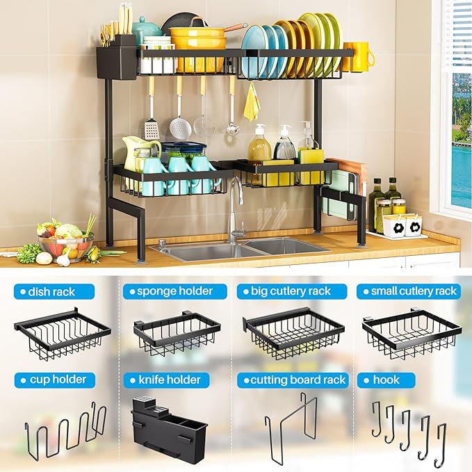 2 Tiers 4 Baskets (one More Than Others) Over The Sink Dish Drying Rack,fits All Sinks (from 24.8" to 35.4"),2-Tier Adjustable Sink Rack,Dishes Rack Kitchen Storage Organizer Space Saving