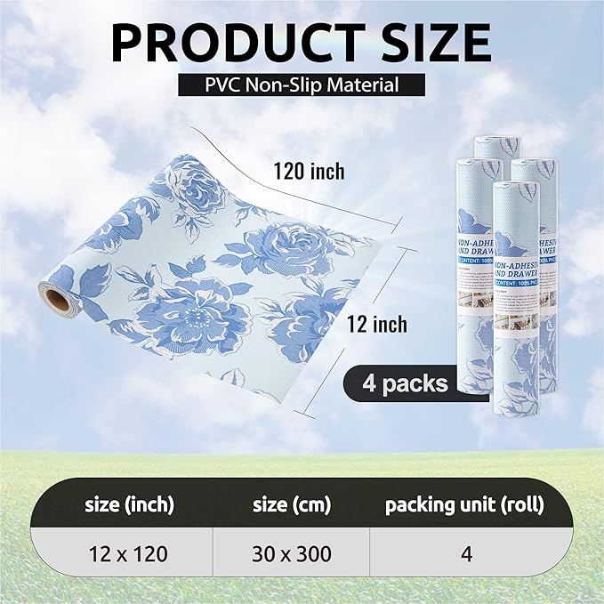FIFTY FEET 12X120 Inch Shelf Liner for Kitchen Cabinets, PVC Drawer Liner for Dresser Non-Slip Bathroom, Non-Adhesive Cabinet Liner Washable (Blue Flower)(4 Roll)