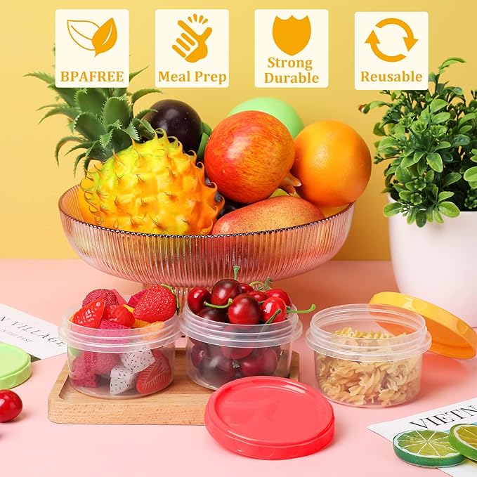 Sieral 36 Pack 8 oz Freezer Containers with Lids Reusable Deli Freezer Storage Containers Stackable Plastic Thick Twist Top Jars for Takeout Food Round Wide Mouth Lunch Snack (Red,Green,Yellow)