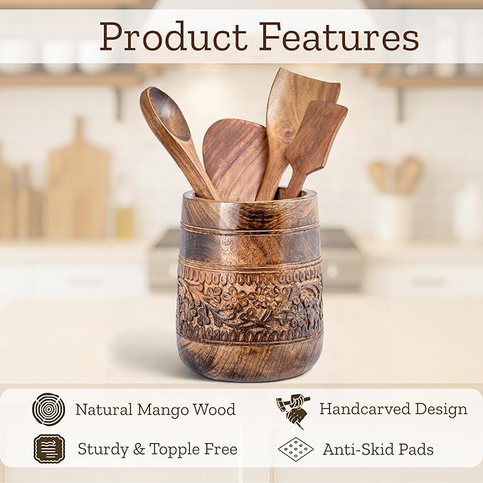 Mie Creations Rustic 7'' Large Utensil Crock Holder for Kitchen Countertop | Wooden Cooking Spatula Organizer for Party, Floral Hand carving Utensils Caddy, Vintage Kitchen Counter Decor- Dark Brown