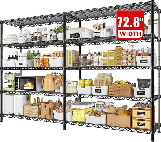 REIBII 72.8" W Storage Shelves Load 1600LBS, 5 Tier Metal Shelving Unit Wire Shelving for Storage Rack Heavy Duty Metal Shelves for Garage Pantry Kitchen, 17.7" D x 72.8" W x 70.9" H