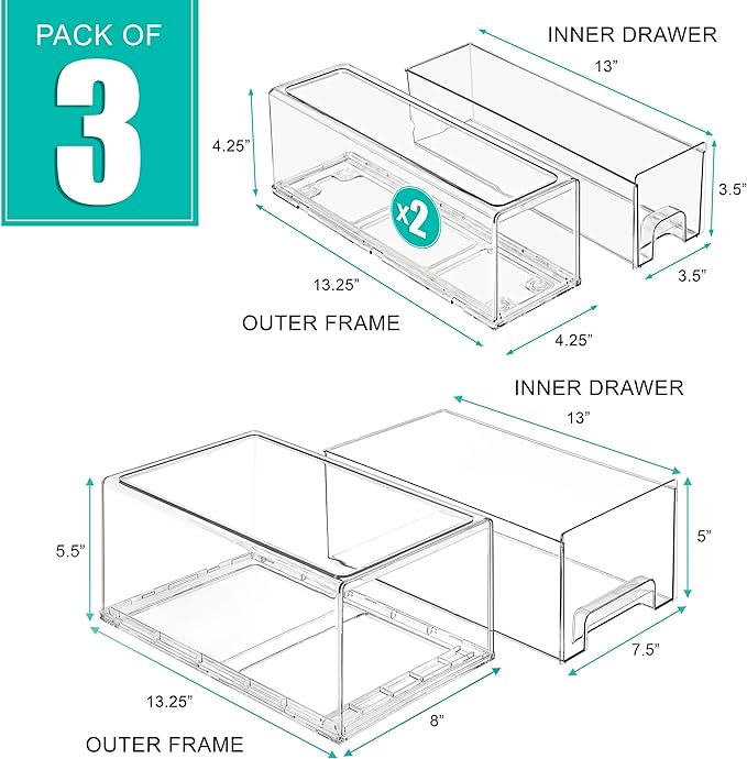 Sorbus Fridge Drawers - Clear Stackable Pull Out Refrigerator Organizer Bins - Food Storage Containers for Kitchen, Freezer, Vanity & Fridge (3 Pack | 1 Large, 2 Small Stackable Drawer Bins)