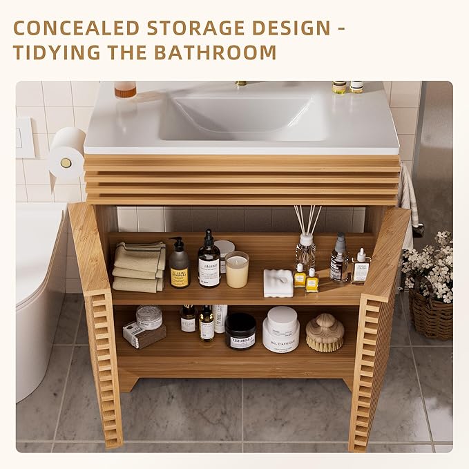 VNN 24 Inch Bathroom Vanity with Ceramic Sink - Freestanding Storage Cabinet with Fluted Design, Soft-Close Doors and Shelves, Compact Modern Storage for Small Bathrooms/Powder Rooms, Natural Oak