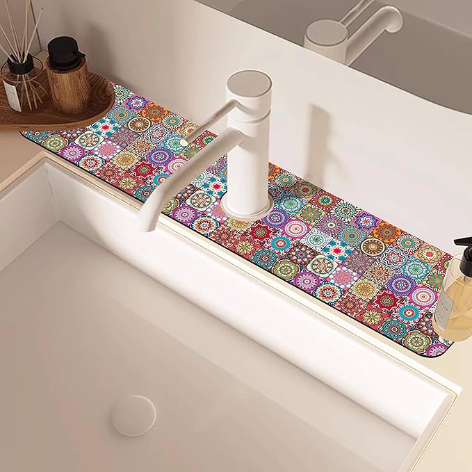 Vintage Boho Mandala Floral Kitchen Sink Splash Guard Mat Absorbent Fast Drying Mat Faucet Draining Mat Sink Splash Guard Behind Faucet Drip Catcher for Kitchen Bathroom 5.5"×24"