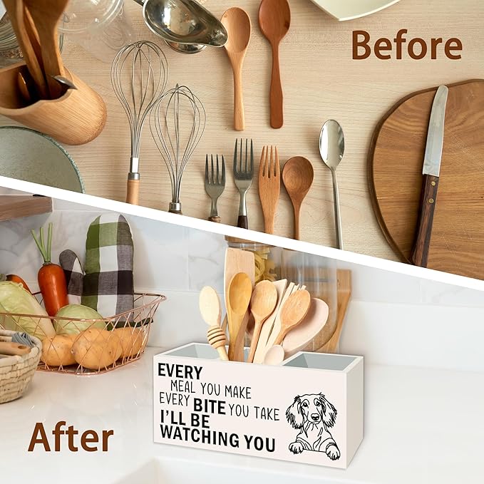 Dachshund Dog Kitchen Utensil Holder for Countertop, Dog Decorative Lover Gifts, Funny Every Meal You Make Every Bite You Take Wooden Utensil Holder Organizer for Kitchen Table Decor