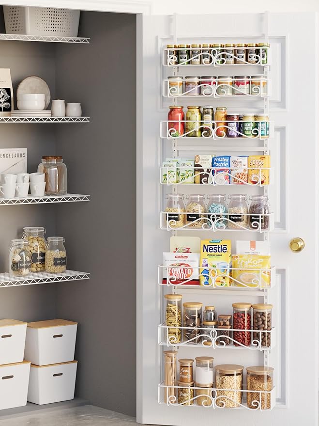 Over the Door Pantry Organizer - 8-Tier Adjustable Pantry Organization And Storage, Metal Hanging Door Spice Rack for Kitchen Pantry Organizers，White