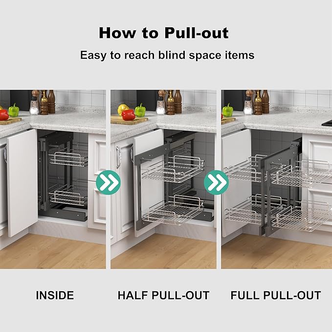 Blind Corner Cabinet Pull Out 2 Tier 4 Shelves Magic Corner Kitchen Cabinet Pull Out Shelf Organzier Soft Close Bottom Mount Min Opening 15in，Metal
