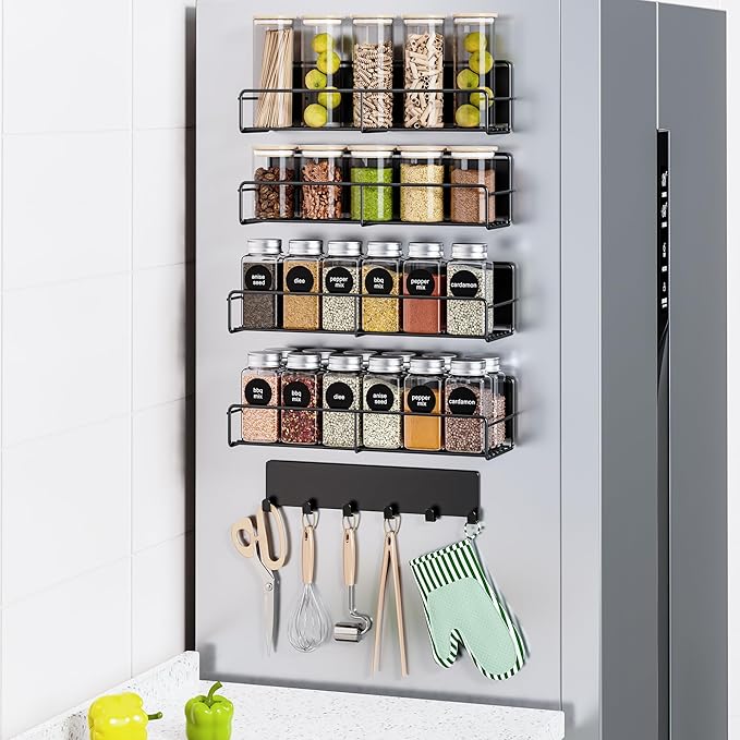 Mystozer 5-Pack Moveable Magnetic Spice Rack Organizer With 6 Hooks for Refrigerator, Metal Fridge Shelf, Black