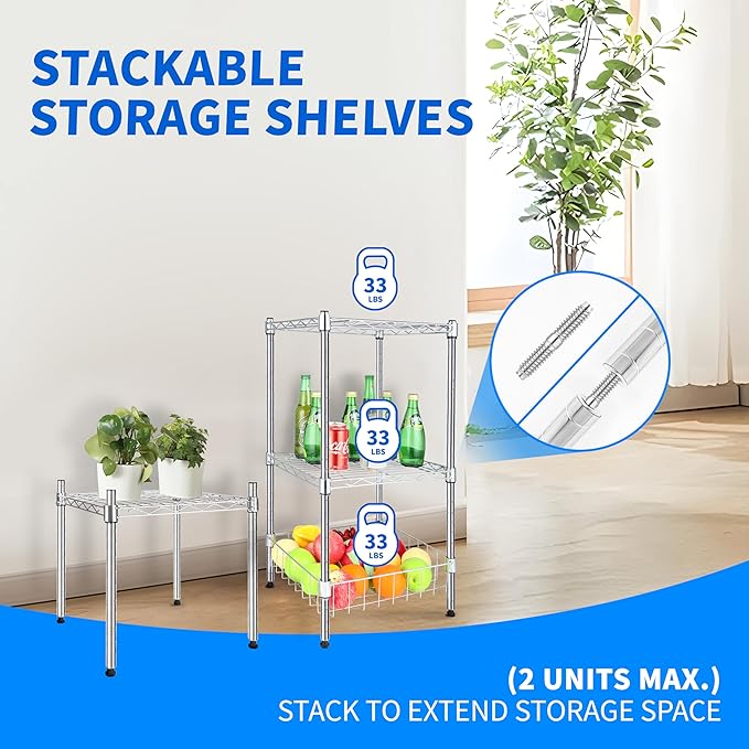 Simple Deluxe 1-Tier Shelving Unit, 15" W x 13.8" D x 15" H Wire Metal Stackable Storage, Chrome, 2 Pack