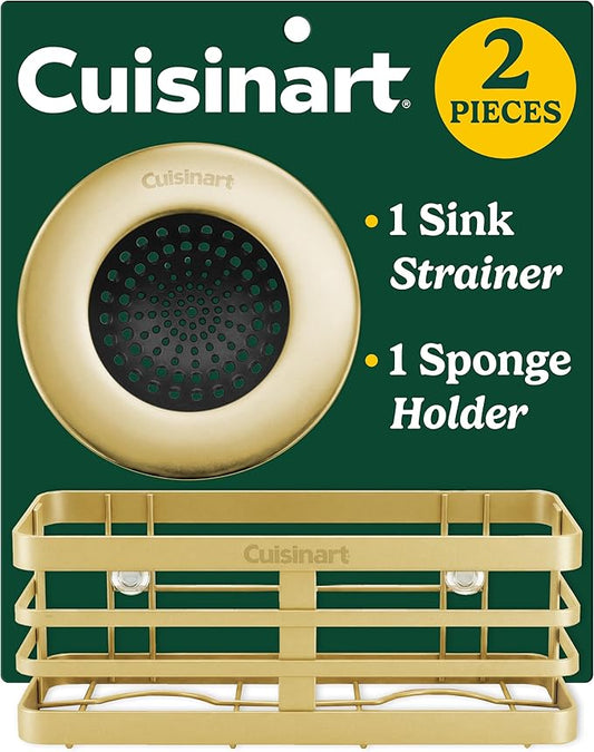 Cuisinart 2 Piece Sink Set – Sink Drain Strainer with Stainless Steel Rim & Silicone Mesh Base & Sponge Holder for Kitchen Sink, Metal Caddy with Triple Suction Cups, Daily Kitchen Essentials