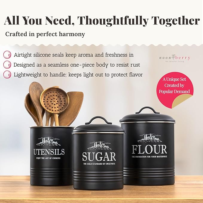 Kitchen Canisters for Countertop – 3-Piece Airtight Canister Set for the Kitchen Counter with Utensil Holder – Flour Sugar Containers – Matte Black Finish