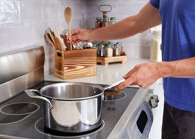 CB Accessories Wood Utensil Holder for Kitchen Counter - 2 Compartment Large Utensil Crock Organizer for Countertop - Tool Holder for Spatula - Farmhouse Decor