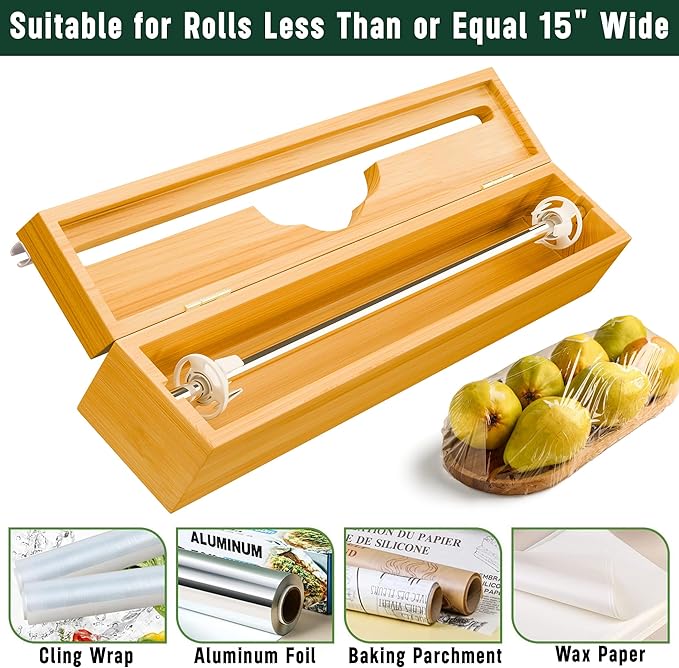 15” Bamboo Plastic Wrap Dispenser with Cutter – Aluminum Foil Dispenser with Cutter for Kitchen – Kitchen Wrap Dispenser for Plastic Wrap, Parchment Paper Roll, Fits Rolls Up to 15 Inches