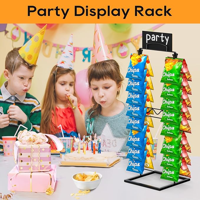 TJ.MOREE Chip Rack Display Stand, Chip Bag Holder for Party Display 2-Row 32Clips Countertop Snack Hanger, Snack Retail Display Rack for Party, Countertop