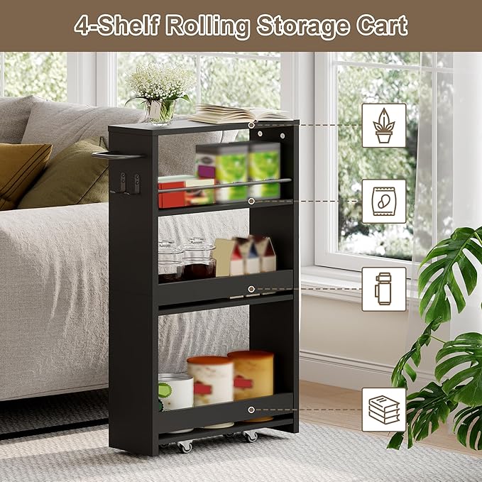 ChooChoo 4-Tier Slim Storage Cart, 5.5 inches Wide Narrow Storage Cabinet with 360° Wheels and 2 Hooks, Laundry Room Storage Organizer for Kitchen, Narrow Places, Bathroom, Black