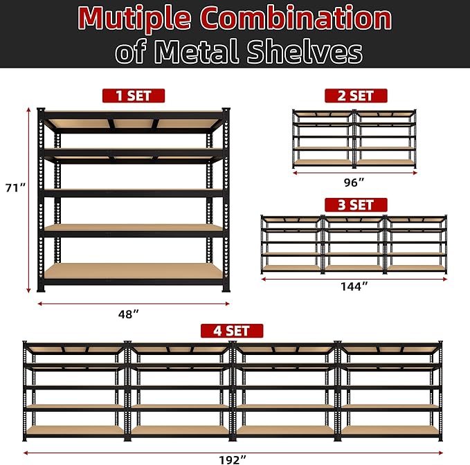 5 Tier Garage Storage Shelves - 48" W x 18" D x 71" H Heavy Duty Adjustable Shelving Unit, Metal Organizer Utility Rack for Basement, Pantry, Kitchen, Black