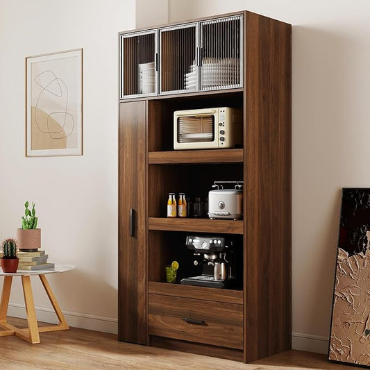 70.87" Tall Kitchen Pantry Storage Cabinet with Pull-Out Shelf, Glass Doors, 2 Drawers & Side Shelves, Freestanding Wood Hutch Cupboard with Microwave Stand for Dining Room, Coffee Bar, Walnut
