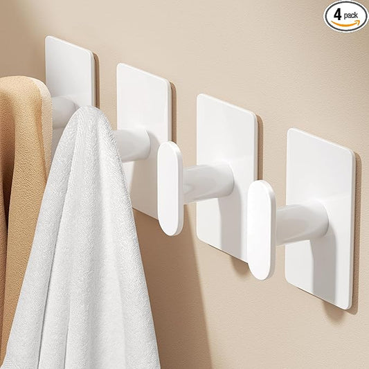 pickpiff Adhesive Towel Hooks for Bathroom: 20LB Extra Strong Wall Hanger for Shower Kitchen RV Dorm Apartment, White 4 Pack