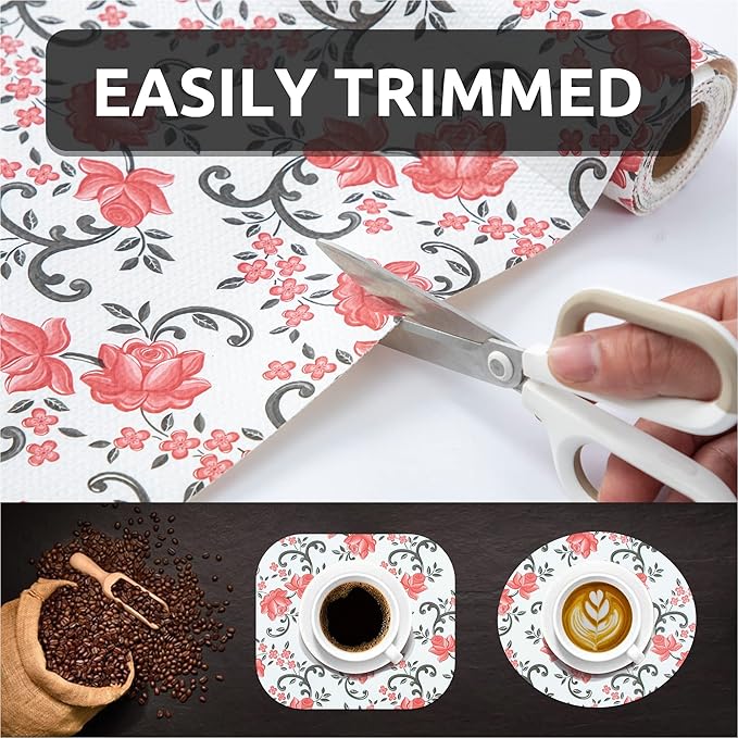 FIFTY FEET 12X120 Inch Shelf Liner for Kitchen Cabinets, PVC Drawer Liner for Dresser Non-Slip Bathroom, Non-Adhesive Cabinet Liner Washable (Red Floral)(6 Roll)