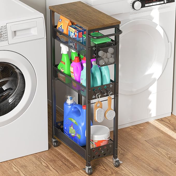 Utility Slim Rolling Storage Cart with Wheels, 4 Tier Narrow Metal Kitchen Cart Bathroom Laundry Room Organization Trolley with Wood Rack and Removable Mesh Basket for Small Space, 7.1IN Black