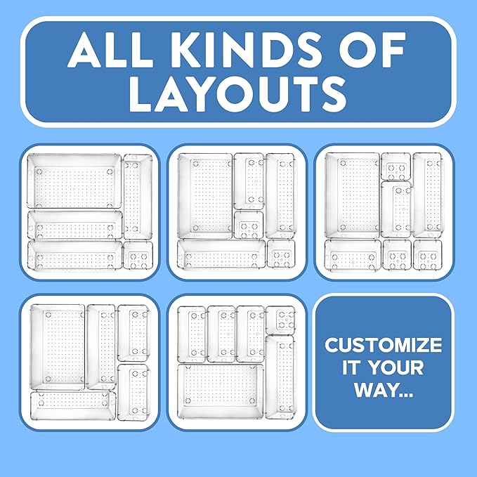 Drawer Organizer Set - Includes 12-piece 9x6" bins, 20-piece 9x3" bins, 18-piece 6x3" Bins, 22-piece 3x3" Bins, Stackable Storage Trays for Makeup, Kitchen, and Office, Pack of 72