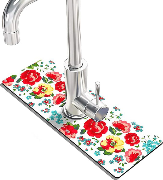 Kitchen Sink Splash Guard Faucet Mat Super Absorbent Fast Drying Mat Sink Gadgets Splash Guard Behind Faucet Drip Catcher for Kitchen (Beautiful Flower, 15x5.5in)