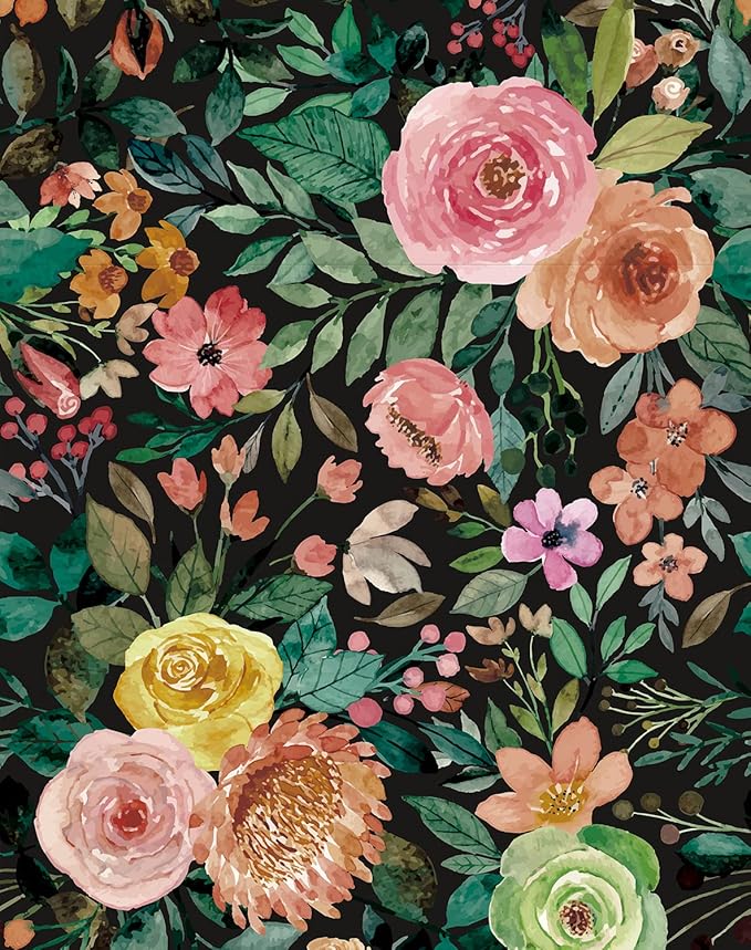 JiffDiff Blooming Floral Wallpaper Peel and Stick Pink Impressionist Floral Wall Mural Peony Roses Wallpaper Nursery Wall Decor (Black-Camellia, 17.7" X 393.7")