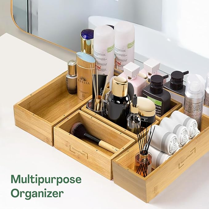 5PCS Bamboo Storage Bag Organizer Set, Multi-Use Baggie Organizers for Gallon, Quart, Sandwich, Snack Food Bags, Tea Bag, Silverware, Ideal for Kitchen, Office, Makeup, Bathroom, Utensil, Junk Drawer