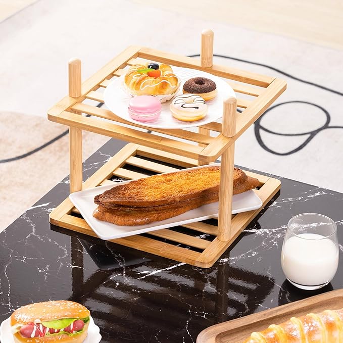 2-Tier Cabinet Organizer Shelf - Bamboo Corner Rack for Kitchen Counter, Cabinet Space Saver for Plates, Dishes, Bowls, Bread - Pantry and Bathroom Storage or Countertop(1, 6.7" H-Large)