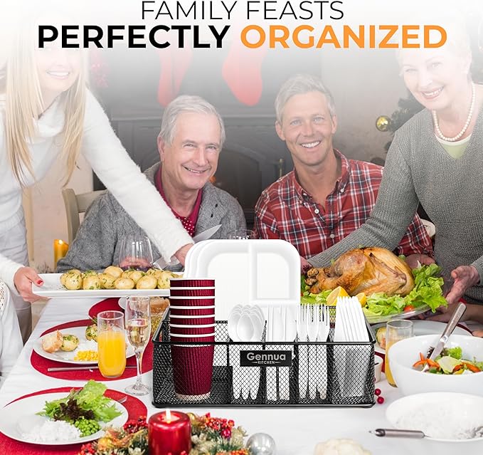 Paper Plate Organizer for Cabinet, Counter, Picnics, Parties & More, Extra Large Utensil Caddy Crafted of Thick Iron Mesh With 6 Compartments for Paper Plates & Plastic Silverware