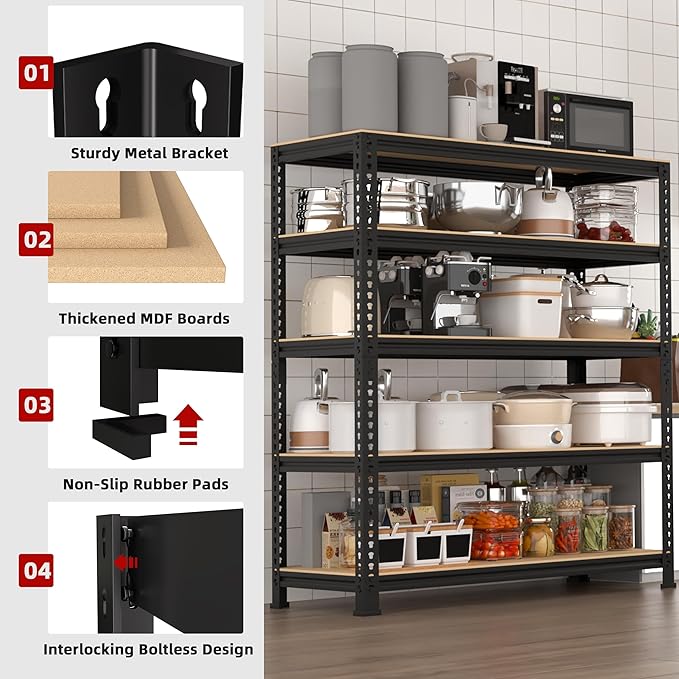 5 Tier Garage Storage Shelves - 32" W x 16" D x 63" H Adjustable Heavy Duty Metal Shelving Unit, Garage Shelving Utility Storage Rack for Basement, Pantry, Kitchen, Black, 4 PCS