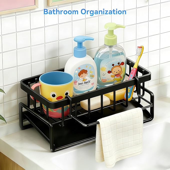 Sponge Holder for Kitchen, Sink Caddy Organizer Rack for Kitchen Accessories, Soap Dispenser Countertop Organizer Essentials for Home (Black)