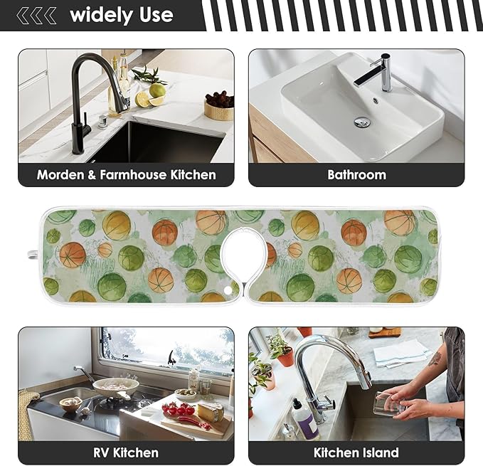2 PCS Kitchen Sink Splash Guard 30 Inch Faucet Mat for Kitchen Sink Bathroom Sink Faucet Absorbing Drip Drain Mat Pad Microfiber Soft Washable Orange and Green Basketball Stars