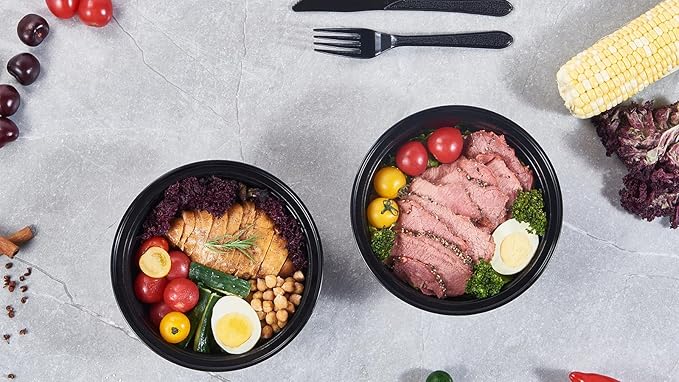 Jaluxing 38 oz 150 ct Round Meal Prep Containers with Lids Plastic Food Storage To Go Lunch Box Disposable Take Out Bowls Black BPA Free Reusable Stackable Microwave Freezer Safe (Formerly FULING)