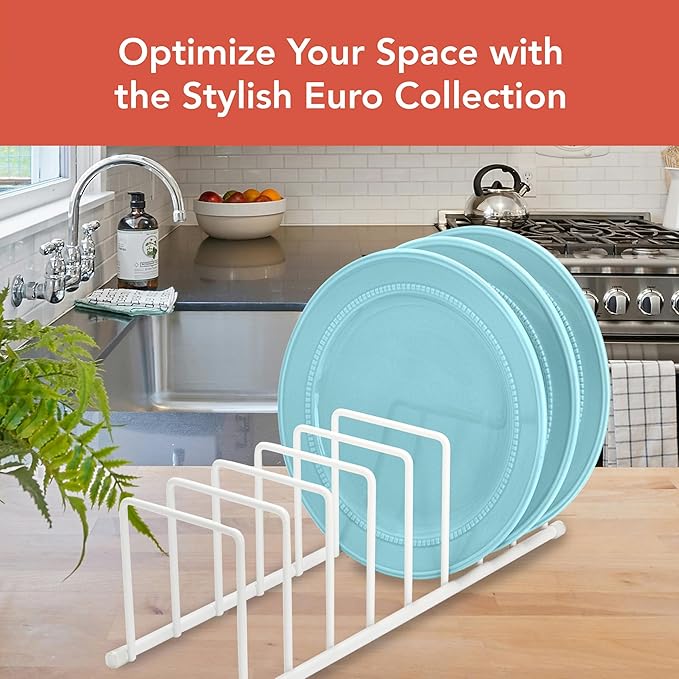 Spectrum Euro Cutting Board Holder Stand for Countertop or Inside Kitchen Cabinet Organization Matte White, 8 Slot Cutting Board Drying Rack or Cabinet Plate Bakeware Storage Organizer