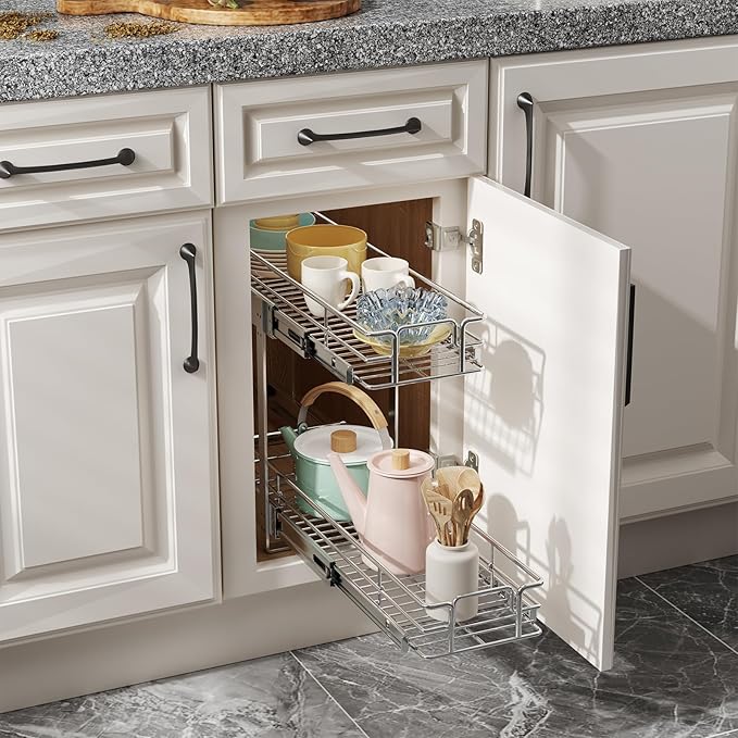 ROOMTEC Pull Out Cabinet Organizer (5½"W x 21½"D),2 Tier Pull Out Storage Shelf Drawer Basket,Sliding Shelves for Base Cabinet Organization in Kitchen, Bathroom, Pantry