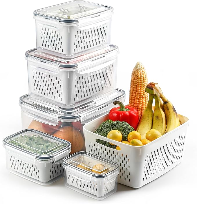 BreezyHome 5 Set Fruit Storage Containers for Fridge with Colanders Dishwasher Safe, Leakproof Fruit and Vegetable Storage BPA-Free Plastic, Produce Storage Keep Berry Fruit Veggie Meat Fresh