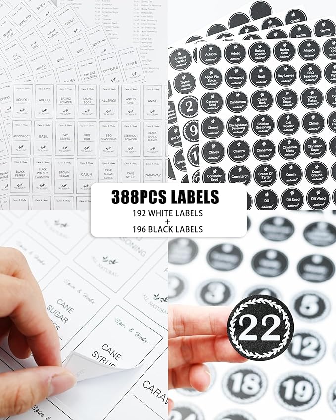 388 Pcs Spice Jar Labels Stickers Waterproof Preprinted Pantry Labels with Blank Label, Black & White Stickers for Kitchen Jars Food Containers Spice Organizers Storage Bins